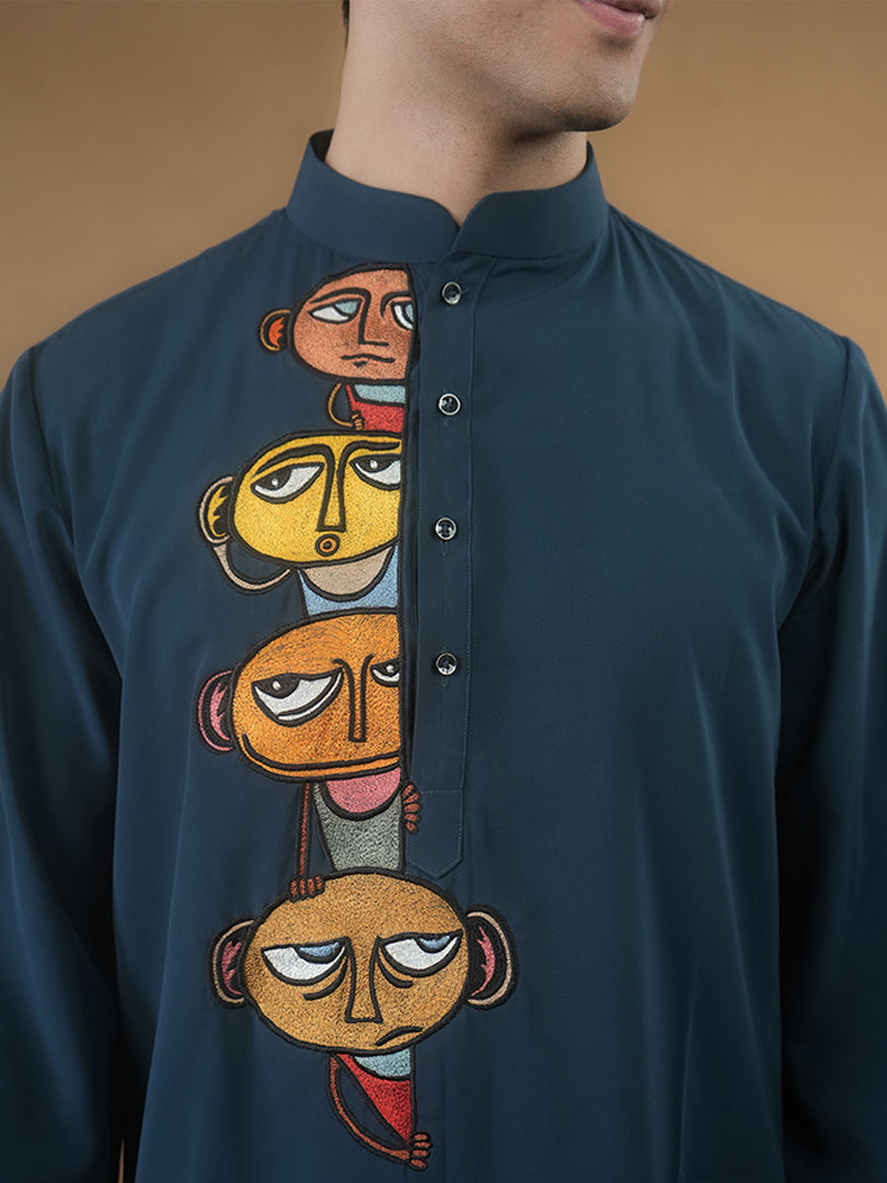 Teal Cartoon Kurta Set