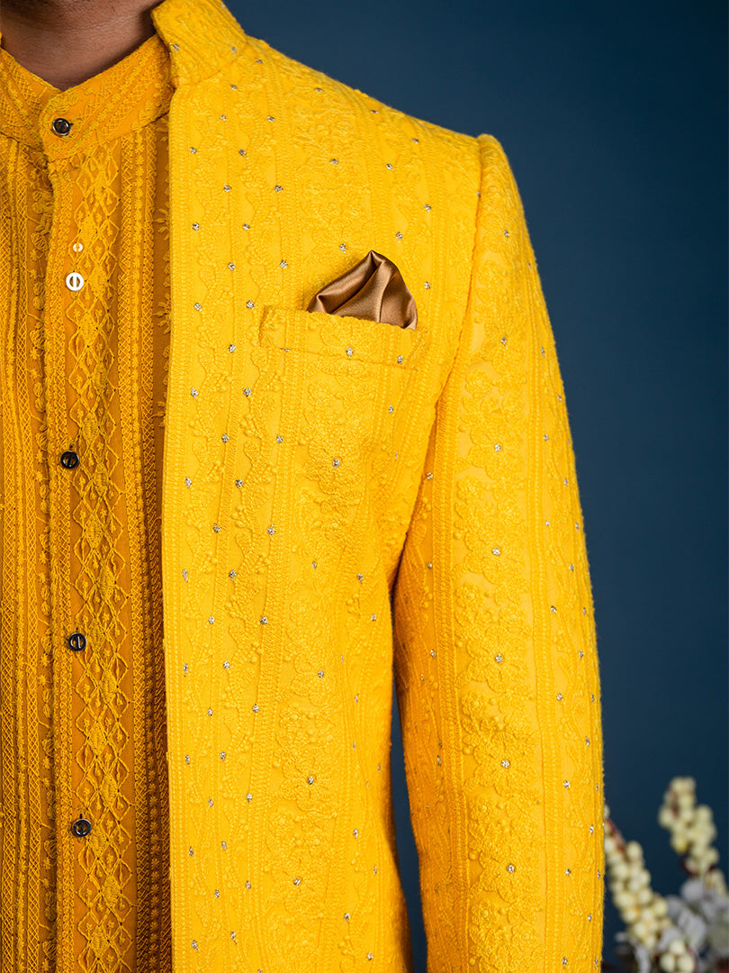 Yellow Lakhnavi Short Achkan