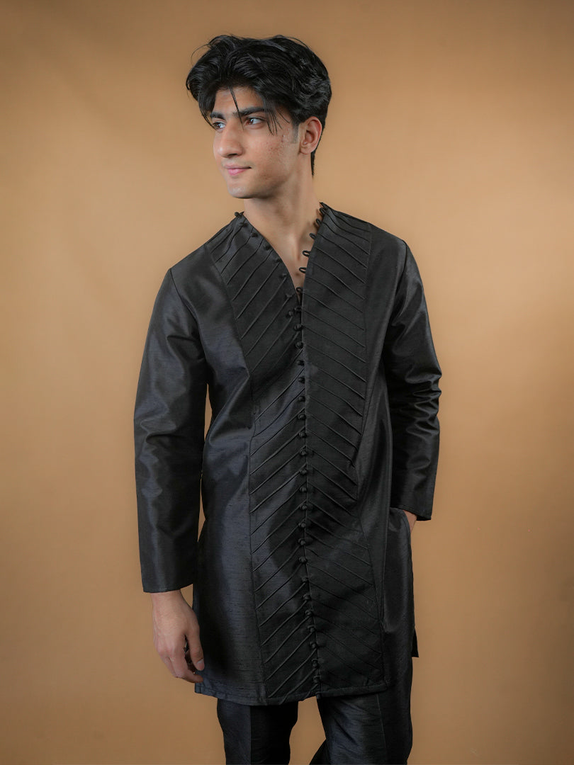 Black Pintucks Kurta Set