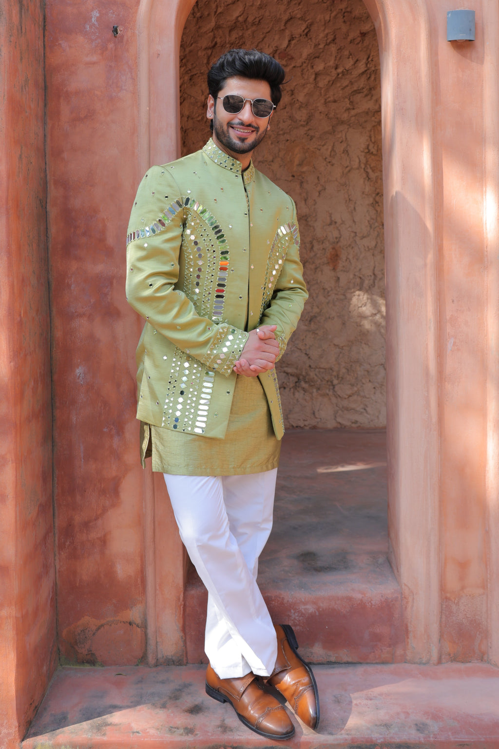 Mehfil Green Mirror Shrug Set