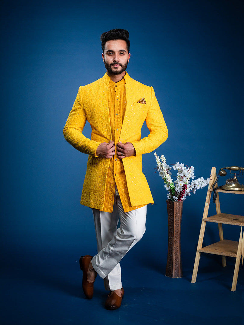 Yellow Lakhnavi Short Achkan