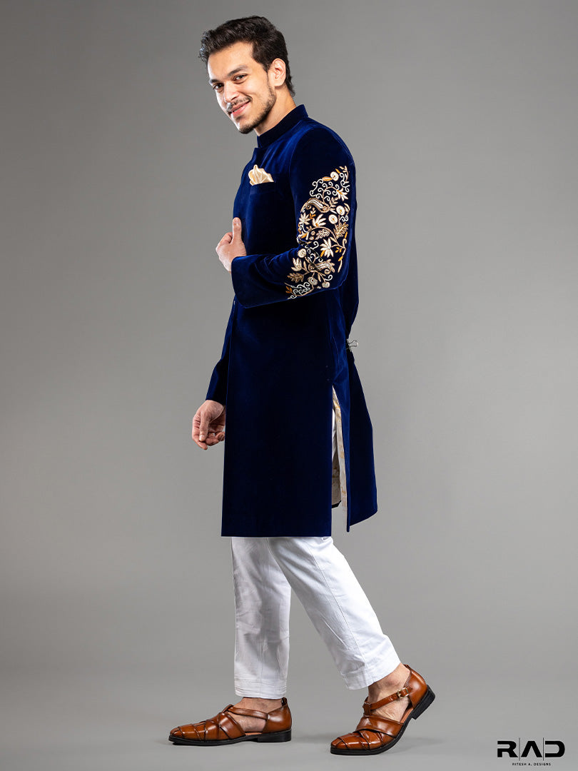 Royal Blue Velvet Achkan