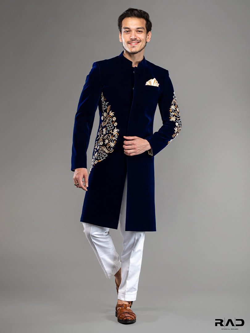 Royal Blue Velvet Achkan