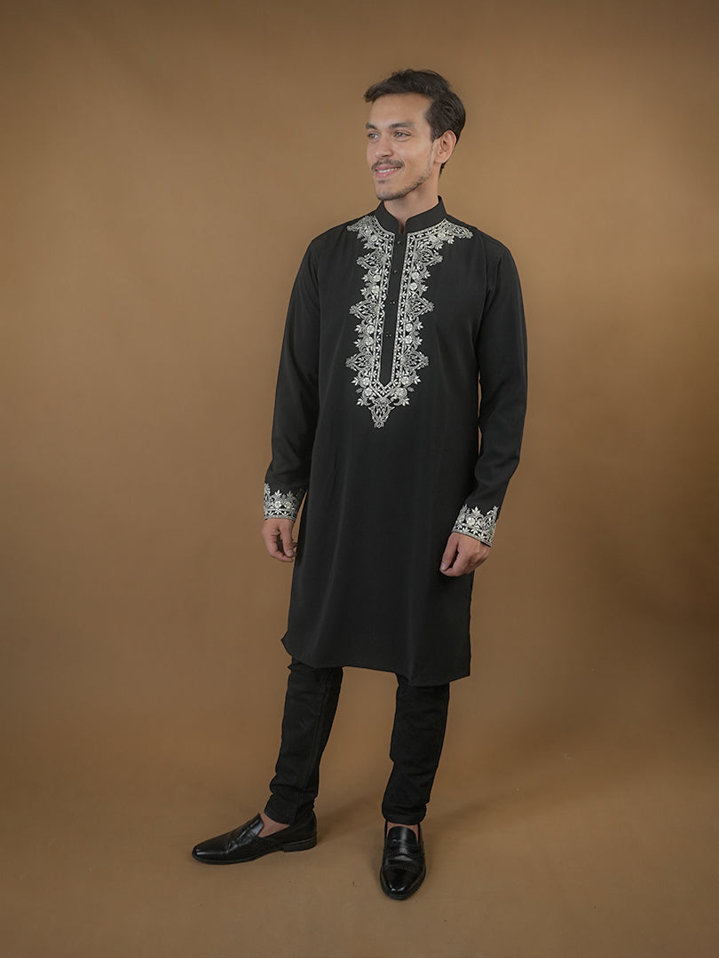 Black-White Embroidered Kurta