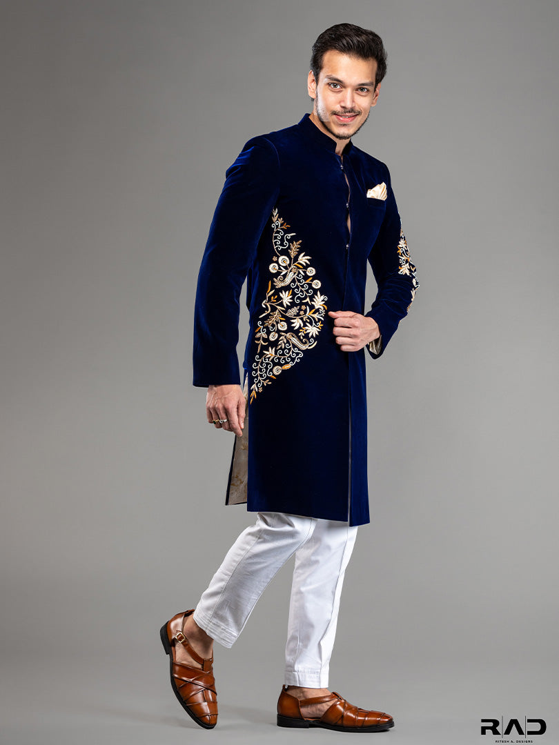 Royal Blue Velvet Achkan