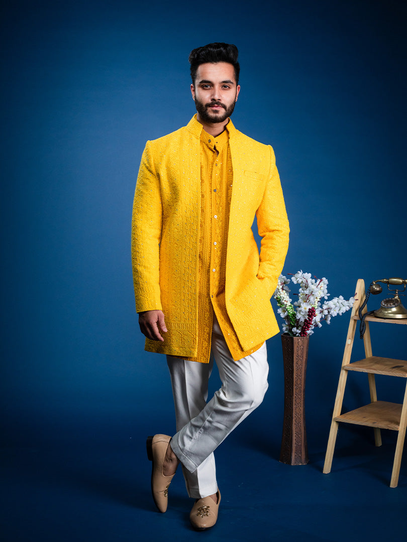 Yellow Lakhnavi Short Achkan