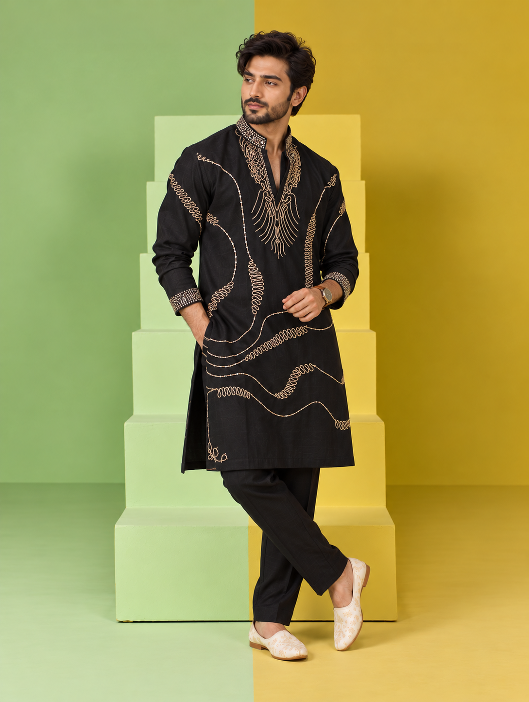Nawabi Black Ensemble Kurta