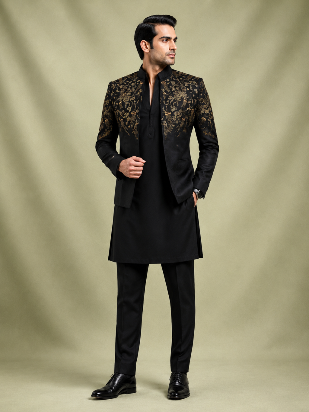 Black Ocean Embroidered Shrug Set