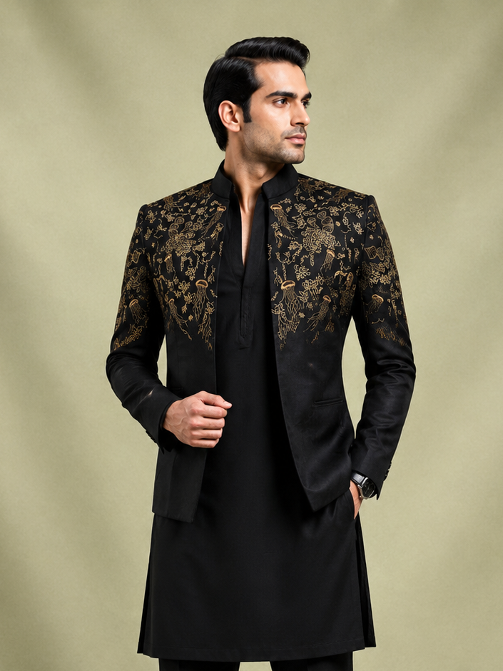 Black Ocean Embroidered Shrug Set