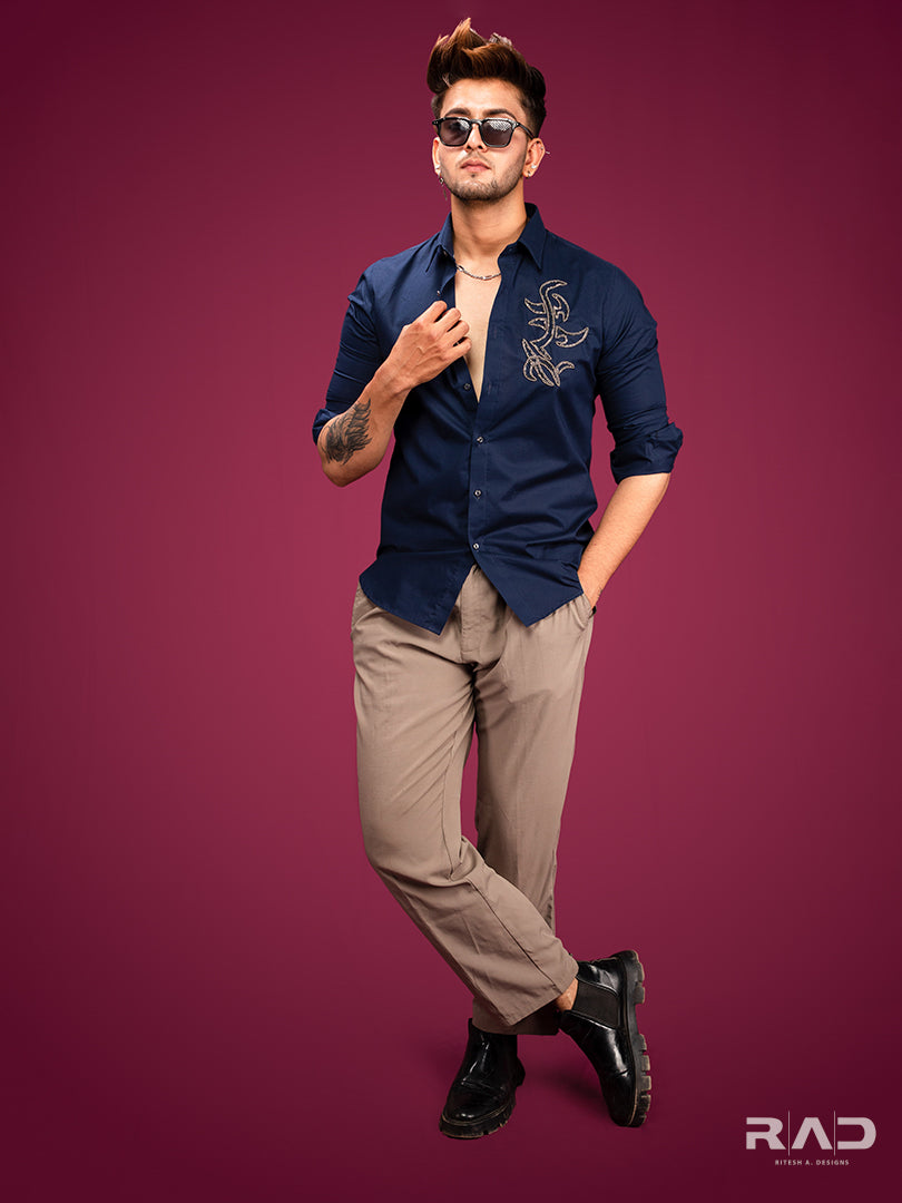 Navy Blue Hand Embroidered Shirt