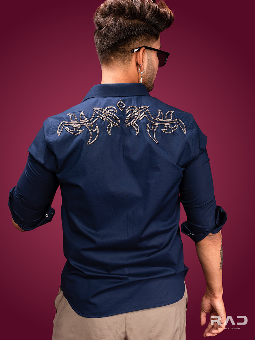 Navy Blue Hand Embroidered Shirt