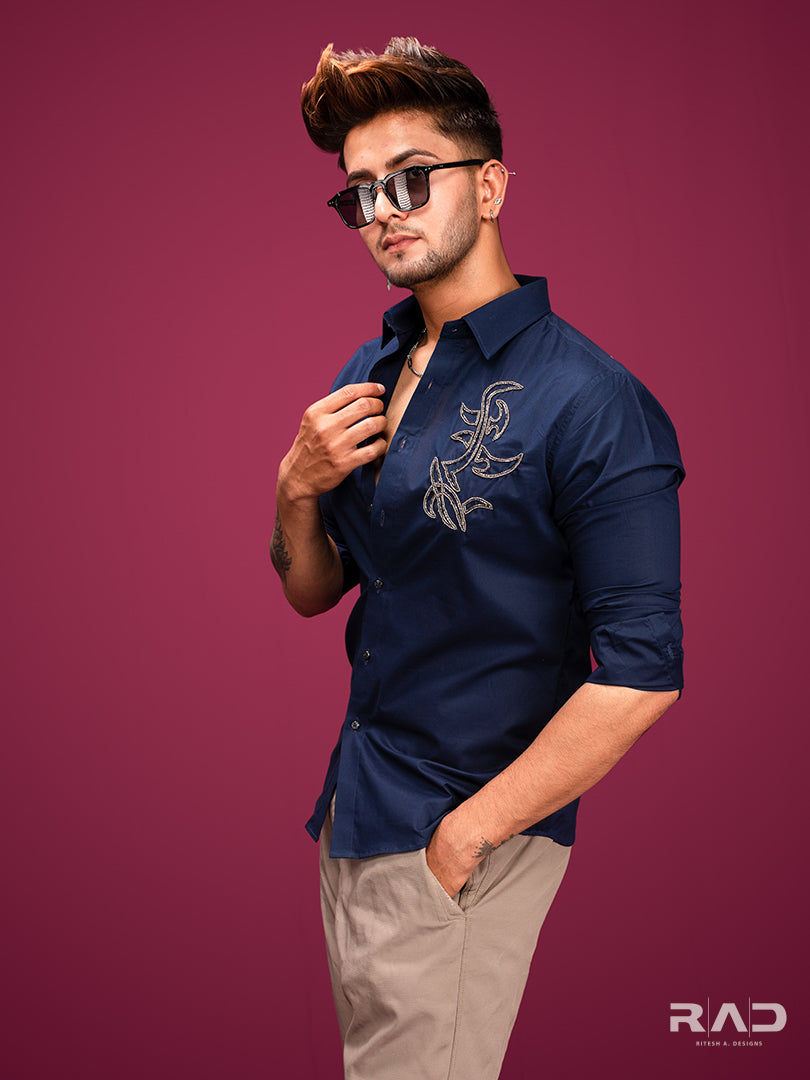Navy Blue Hand Embroidered Shirt