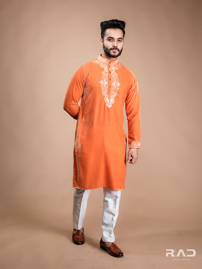 Orange Velvet Kurta