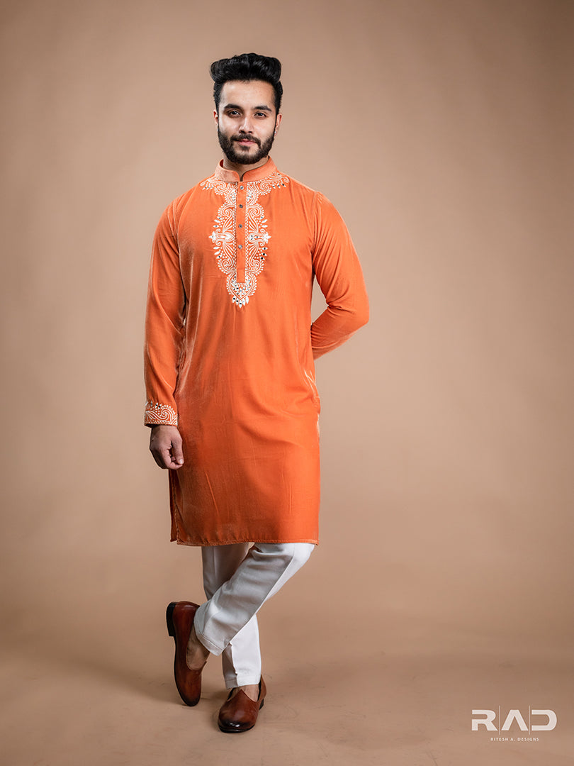 Orange Velvet Kurta