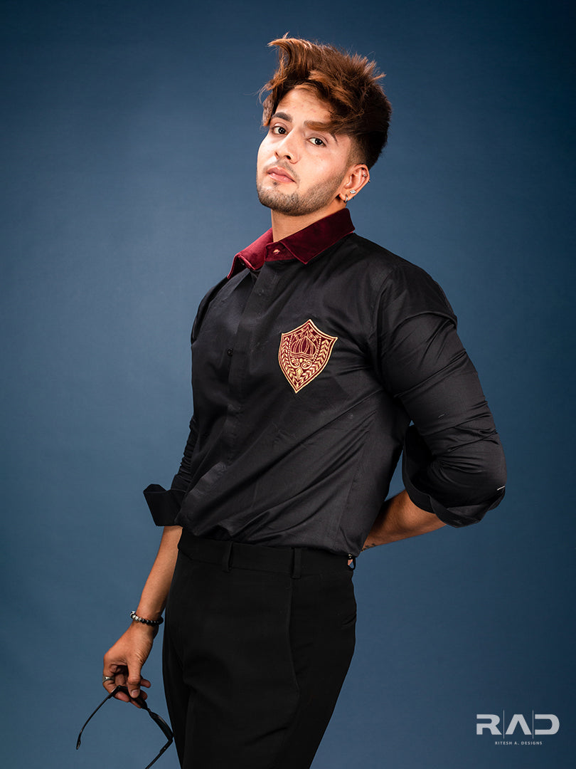 Black Shirt With Maroon Applique