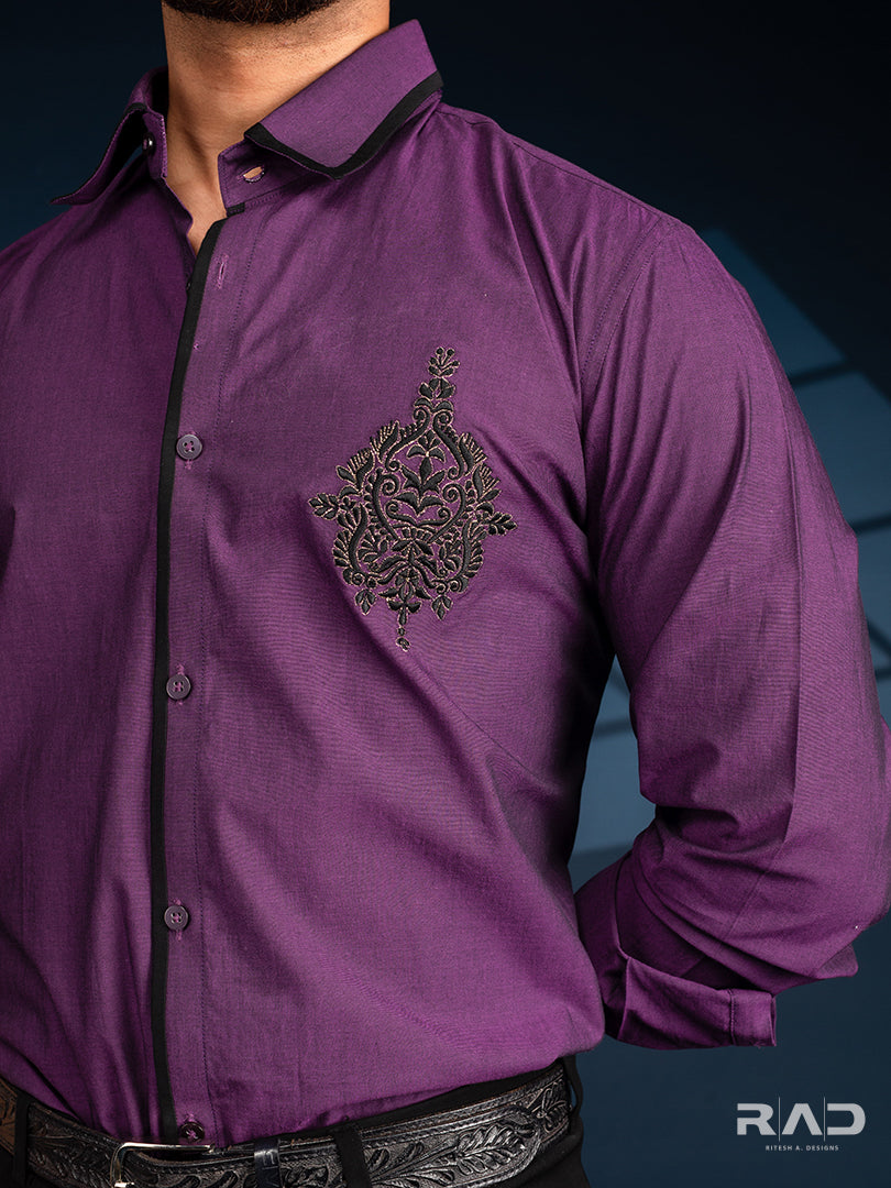 Purple Shirt With Black & Golden Monogram