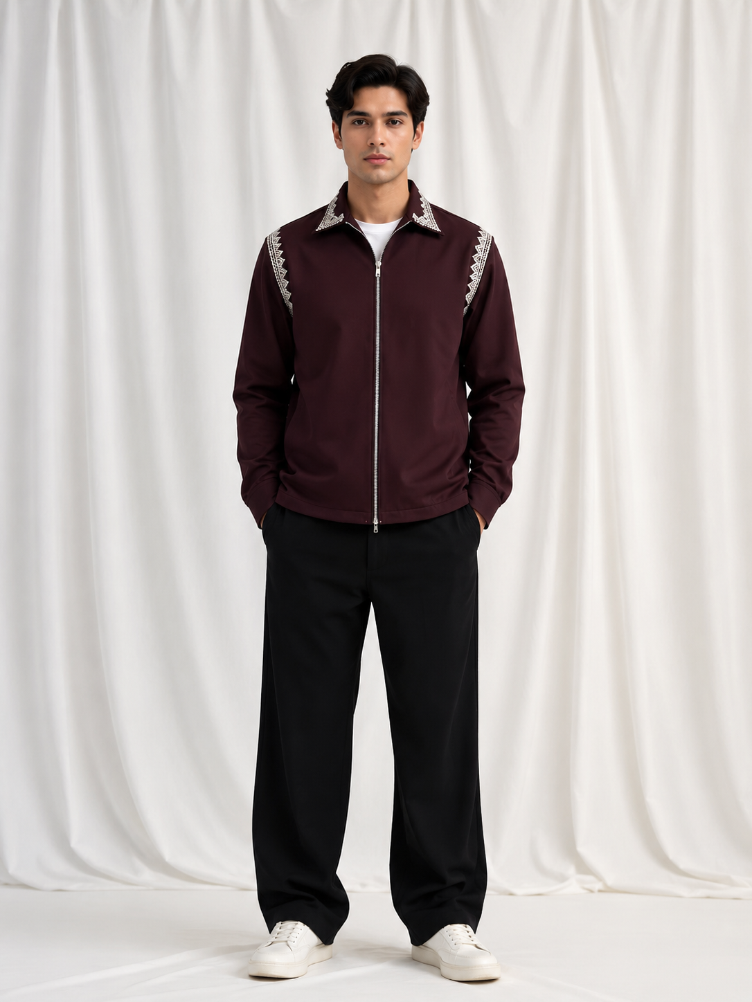 Zarif Noir Embroidered Zip Jacket