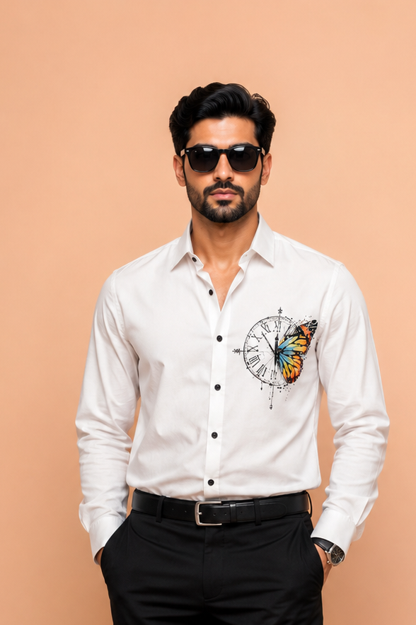 White Butterfly Print Shirt