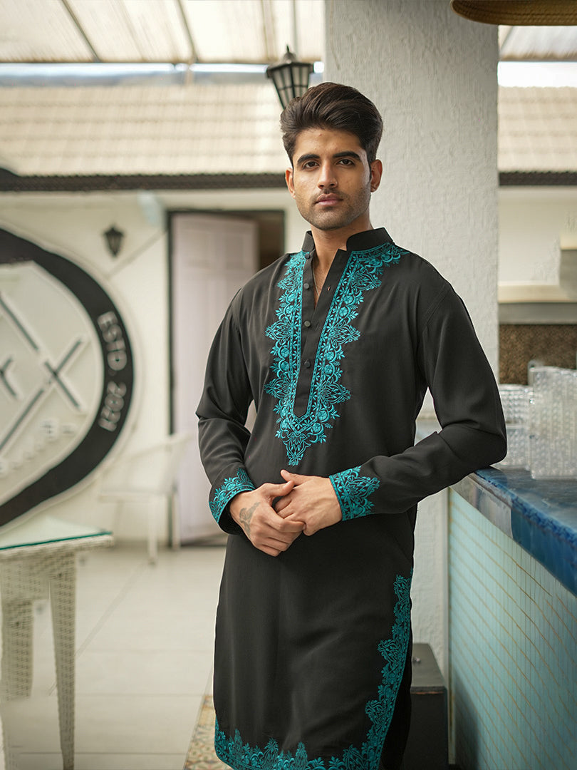 Black - Blue Embroidered Kurta