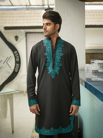 Black - Blue Embroidered Kurta