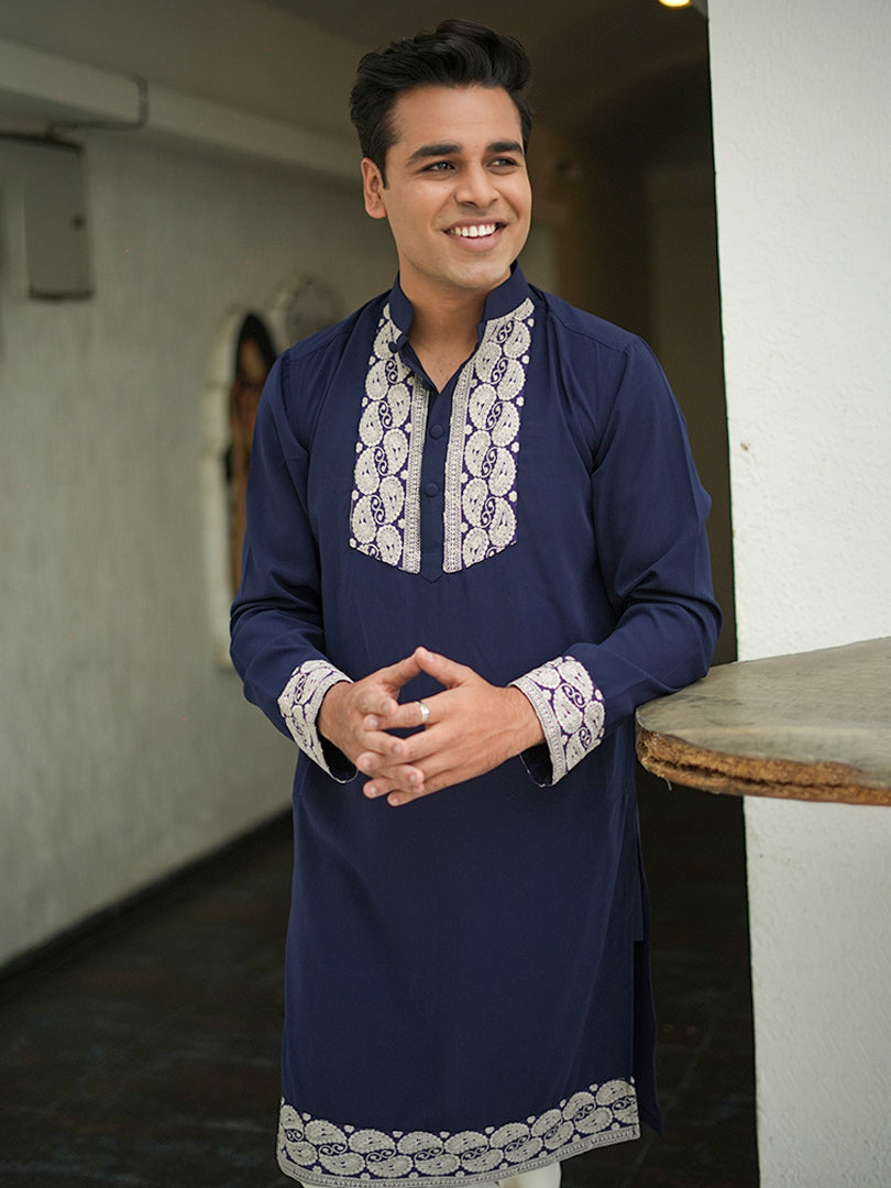 Navy Blue White Embroidered Kurta Set