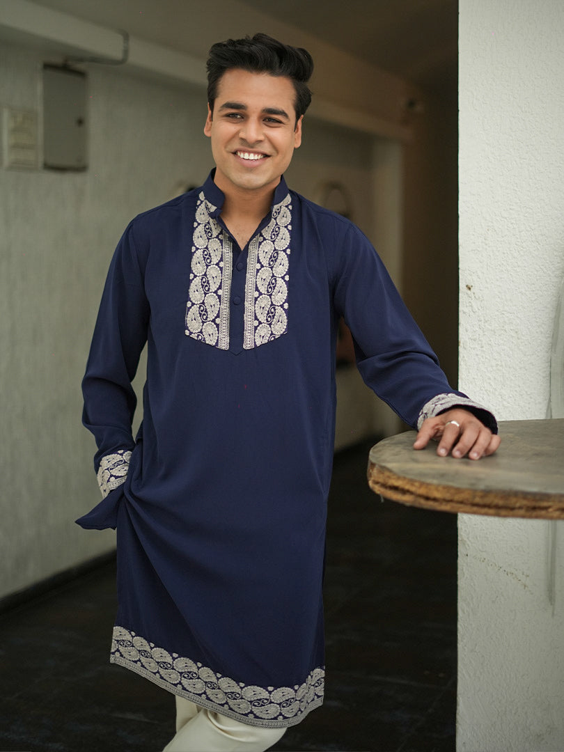 Navy Blue White Embroidered Kurta Set