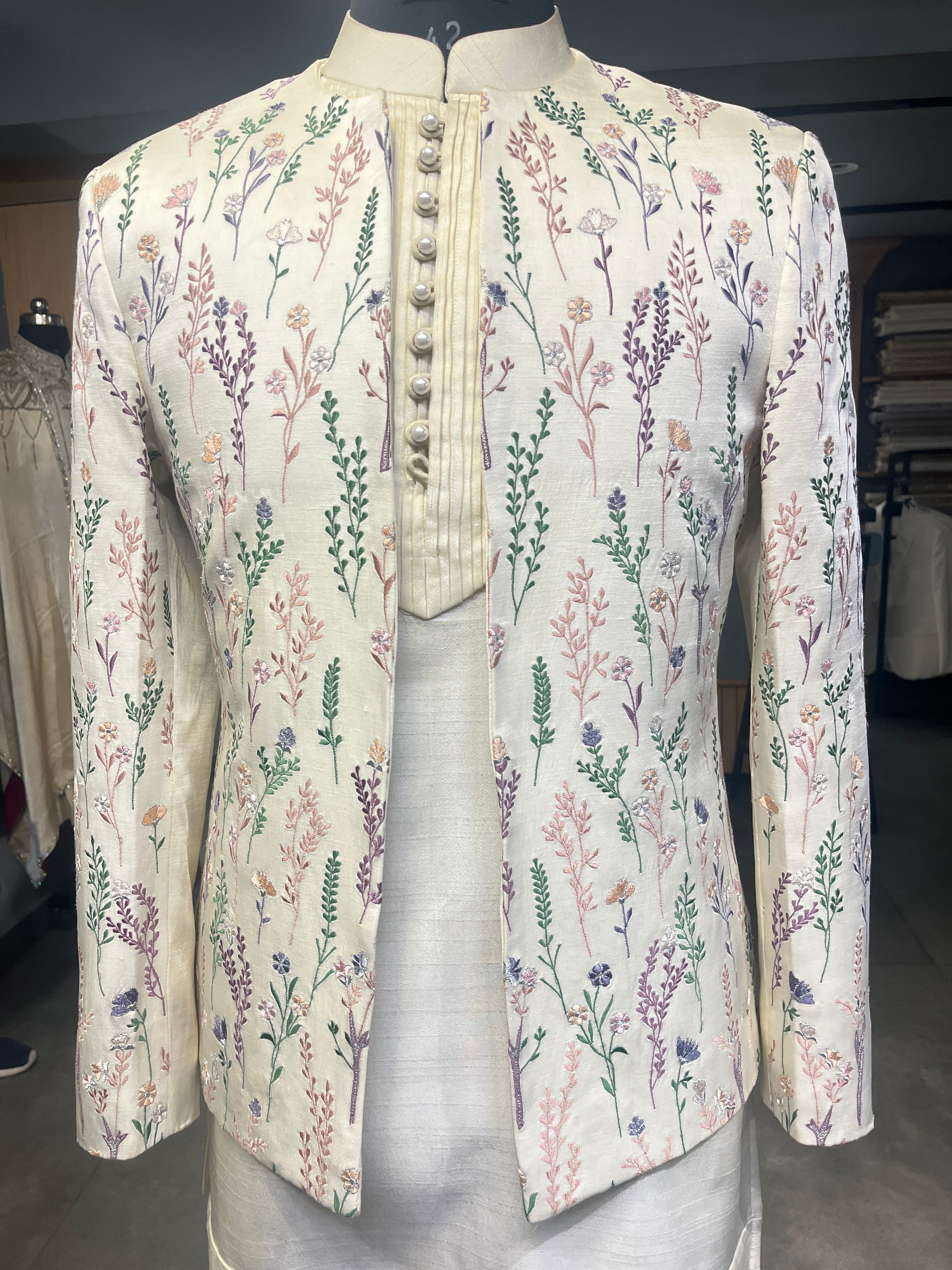 Pastel Vine Embroidered Shrug set