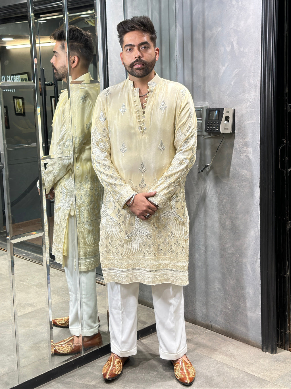 Crème Tissue Bird Kurta