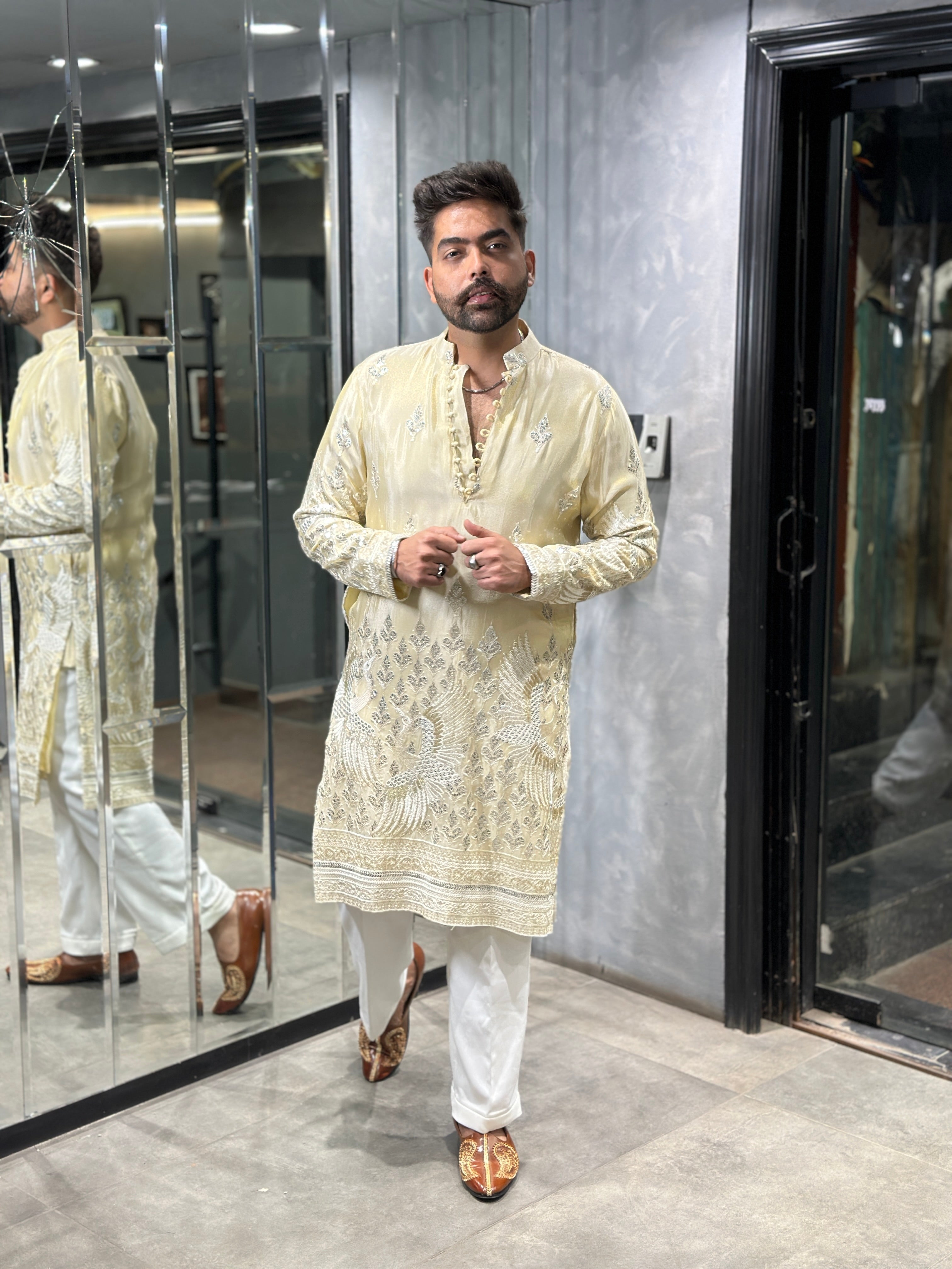 Crème Tissue Bird Kurta