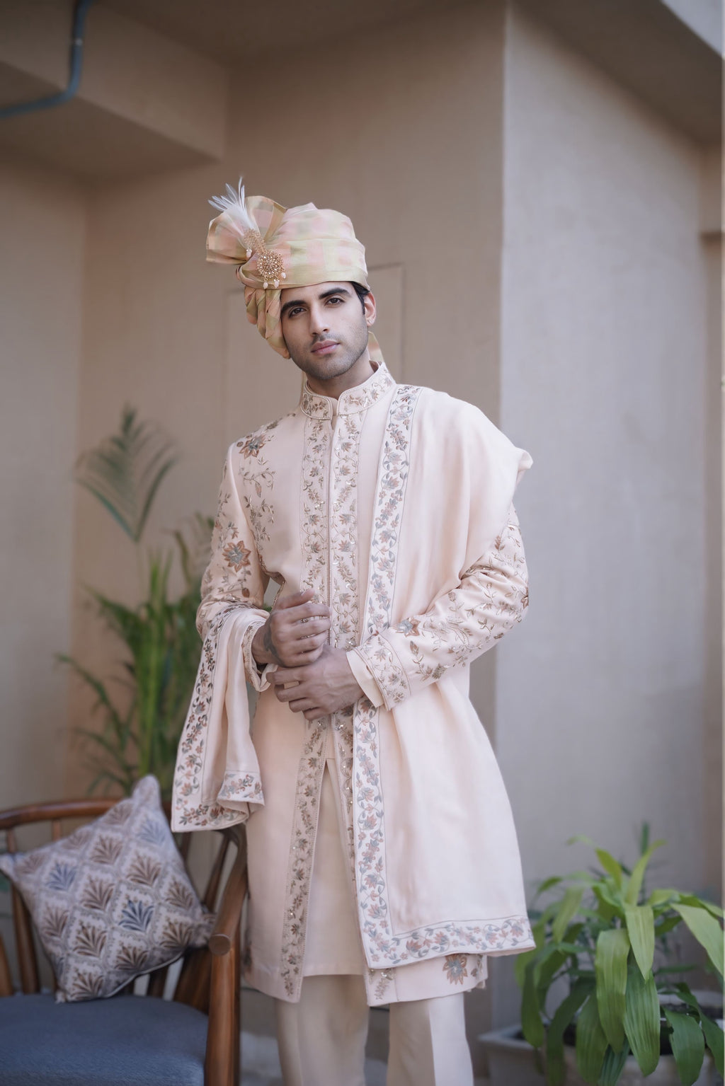PEACH FLORAL SHERWANI