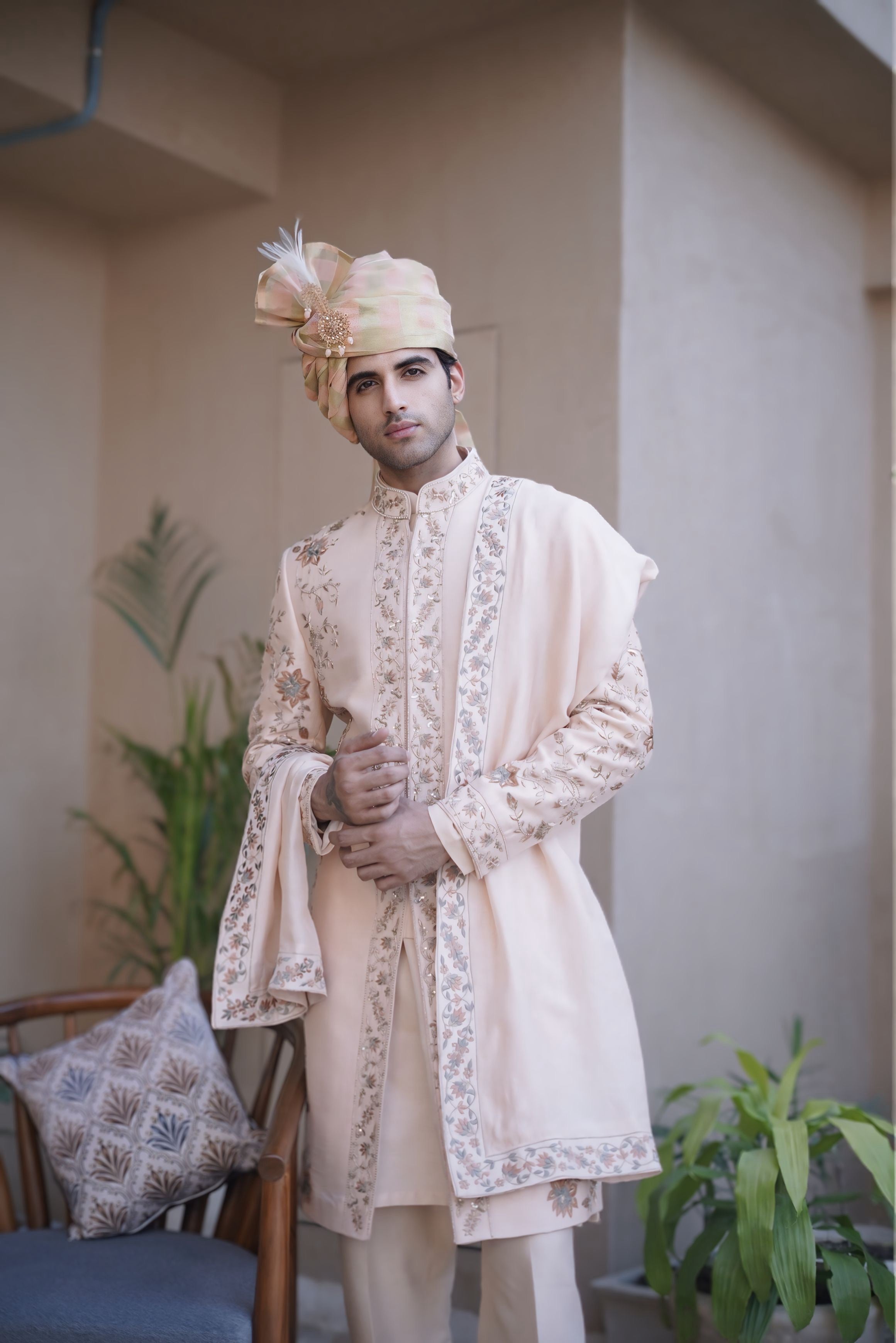 PEACH FLORAL SHERWANI