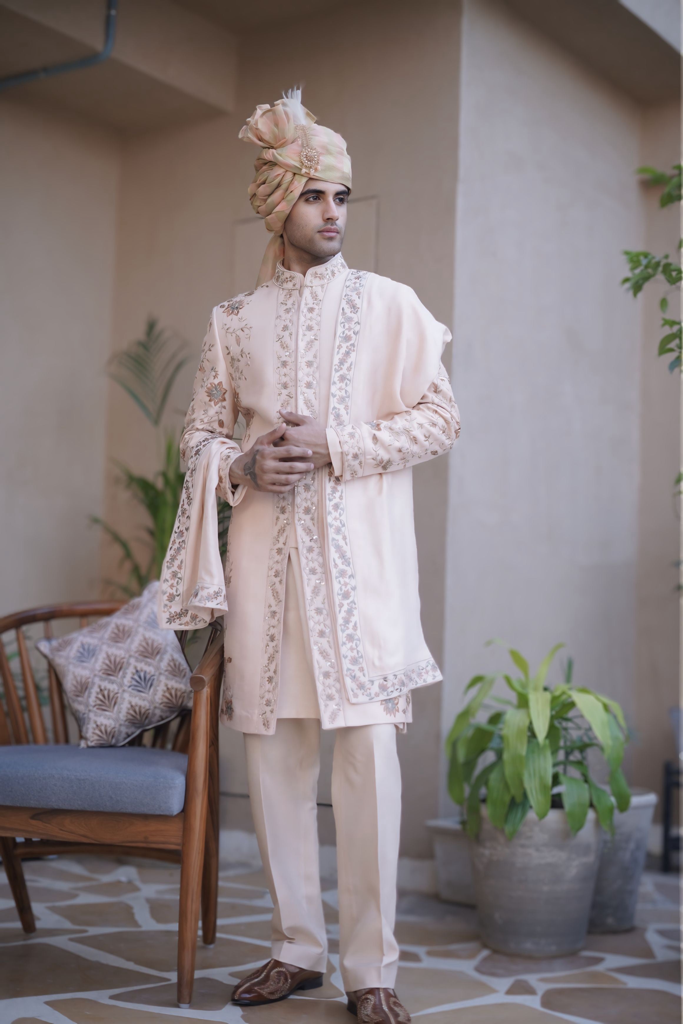 PEACH FLORAL SHERWANI