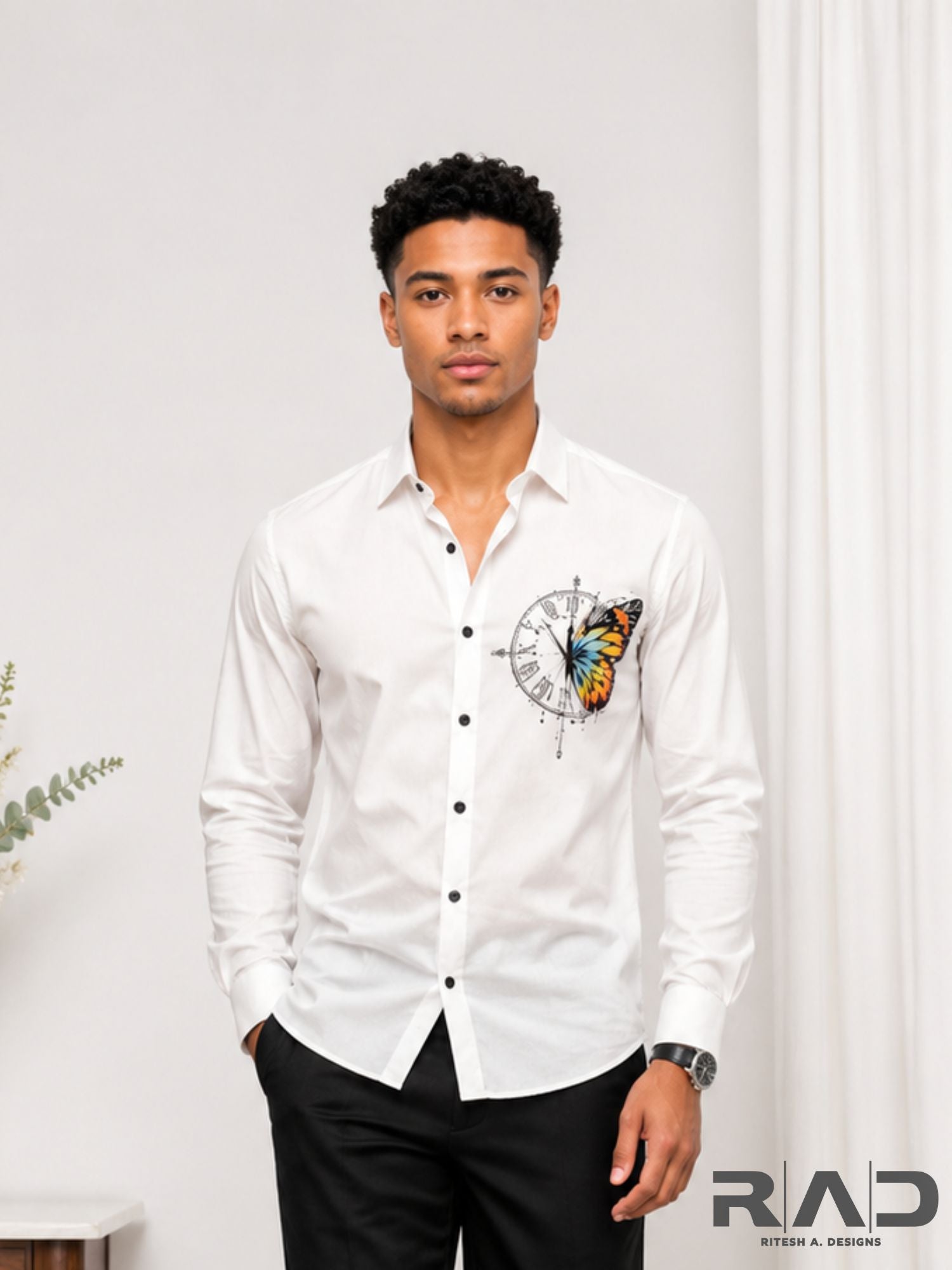 White Butterfly Print Shirt