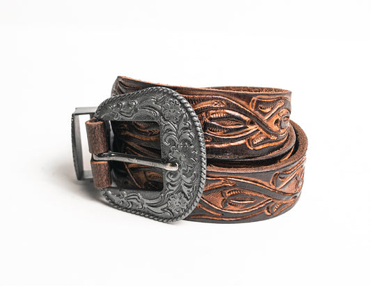 Brown Leather Hand-Tooled Belt