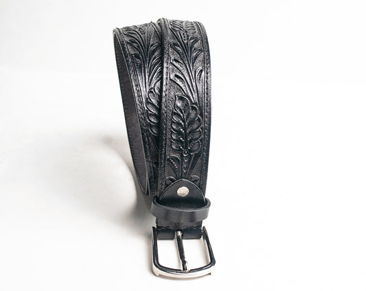 Black Genuine Leather Hand-Tooled Belt