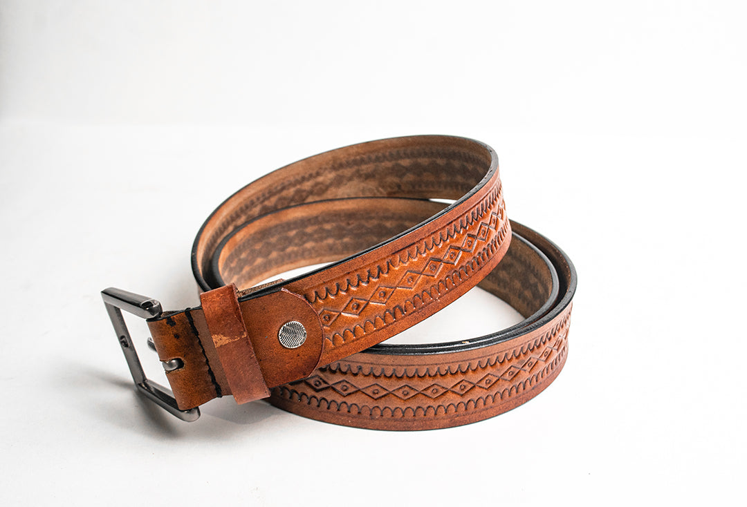 Tan Brown Leather Hand-Tooled Belt