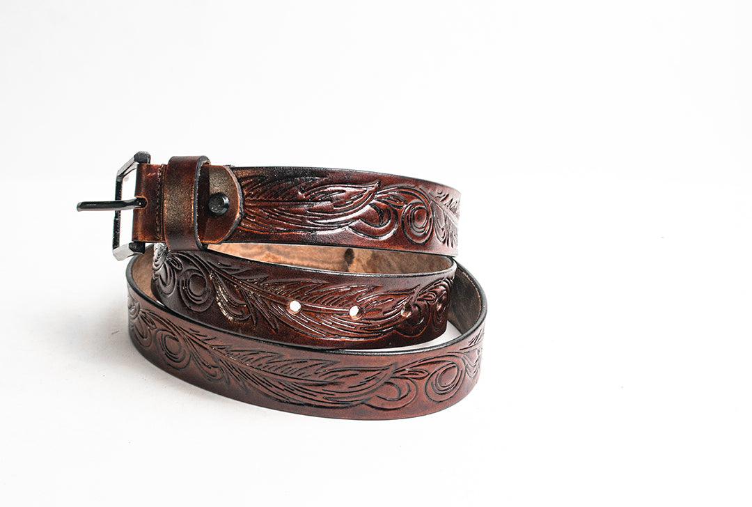 Dark Cherry Leather Hand Tooled Belt