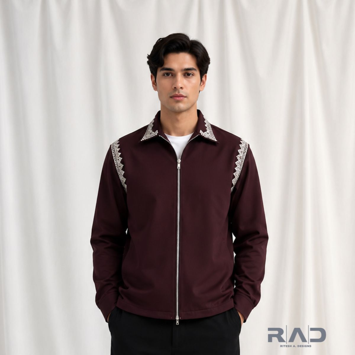 Zarif Noir Embroidered Zip Jacket