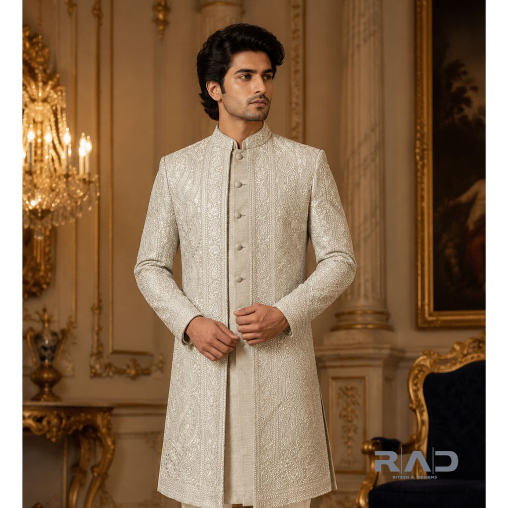 Rajyansh Ivory Paisley Embroidered Sherwani