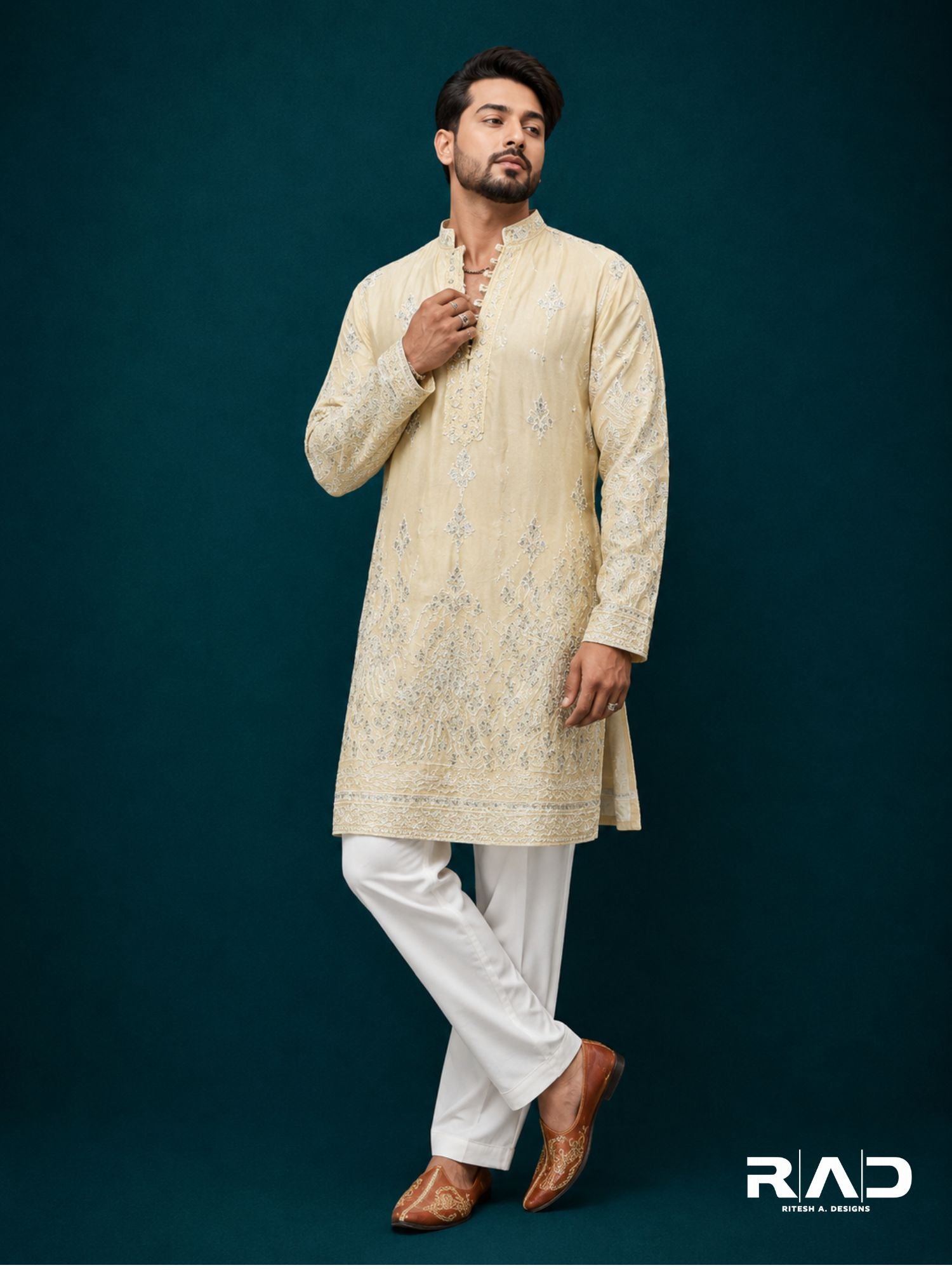 Crème Tissue Bird Kurta