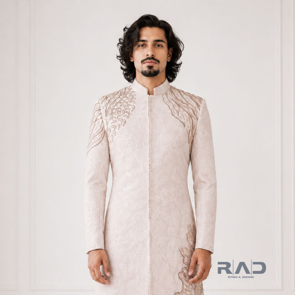 Aarushveer Ivory Signature Embroidered Sherwani