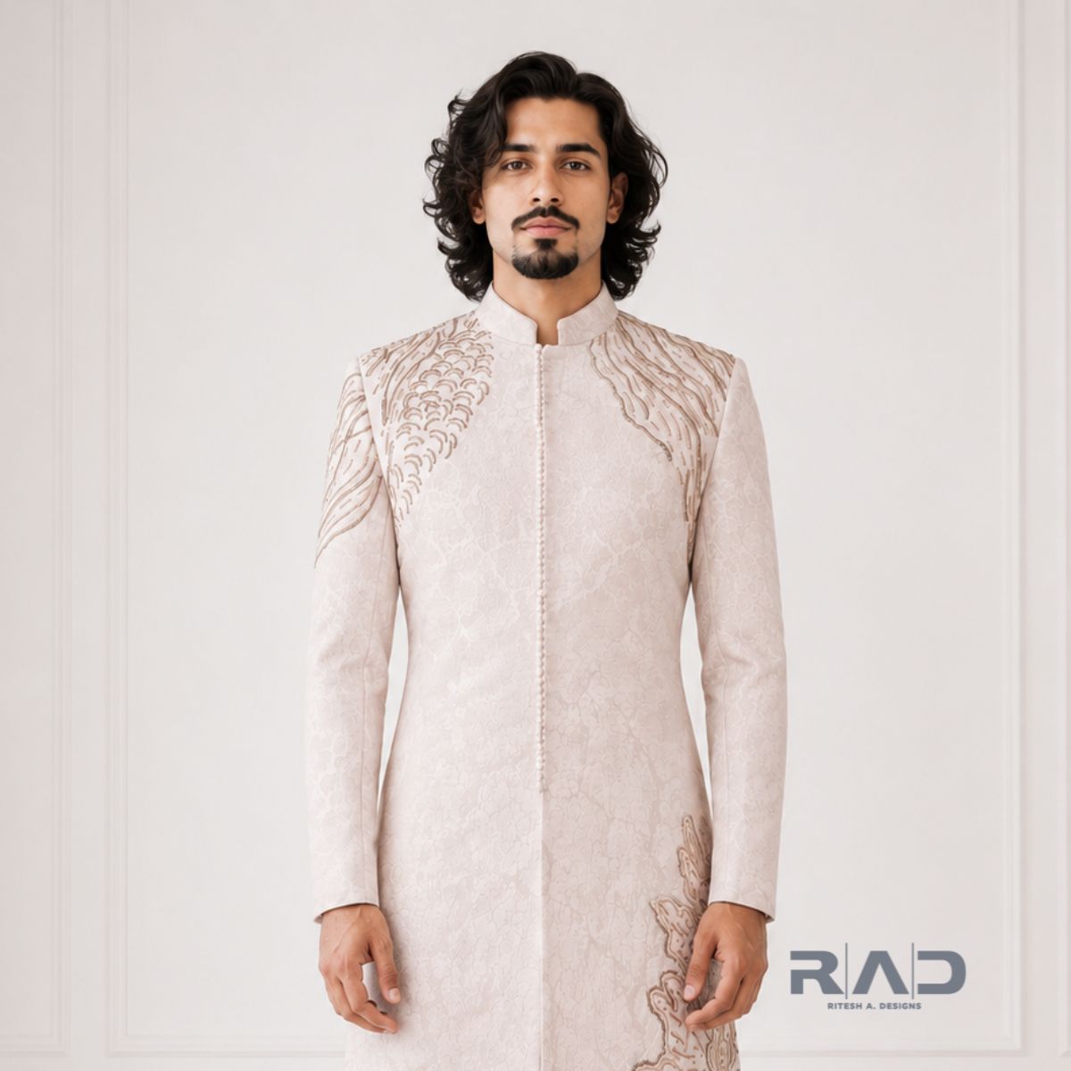 Aarushveer Ivory Signature Embroidered Sherwani