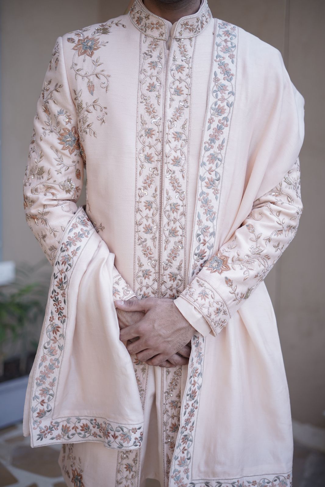 PEACH FLORAL SHERWANI