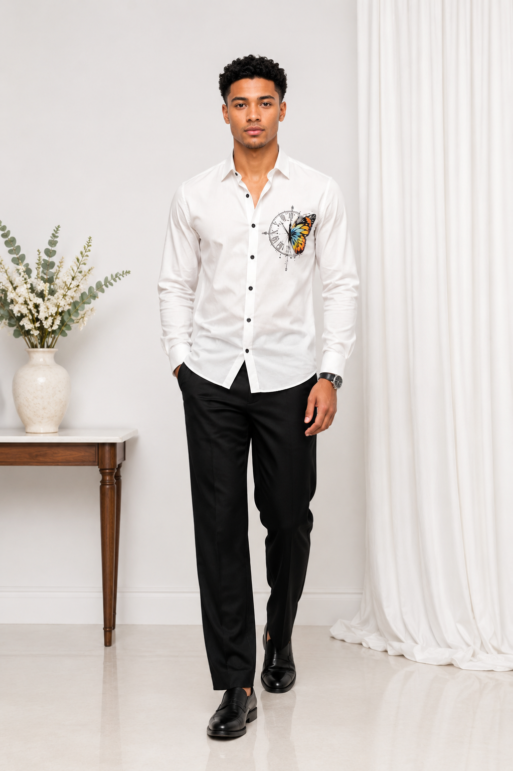 White Butterfly Print Shirt